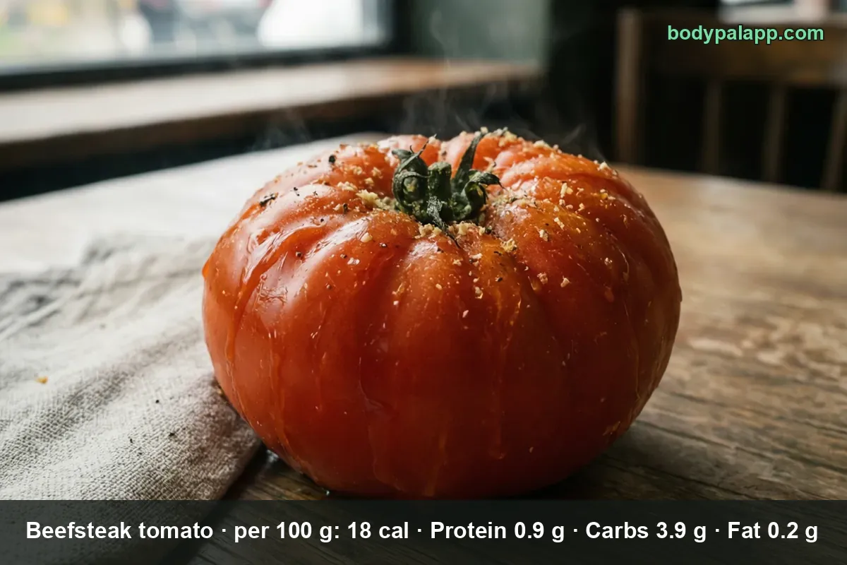 Close-up of one whole ridged beefsteak tomato, still steaming, with a few grains of seasoning on its skin