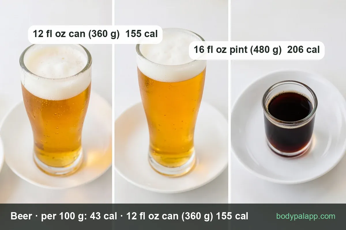 Two tall glasses of pale beer with foam on a wooden pub table, labeled 12 fl oz can 155 cal and 16 fl oz pint 206 cal.