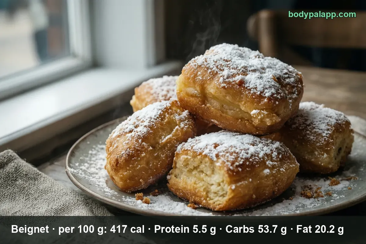 A plate piled with five square beignets under a heavy dusting of powdered sugar