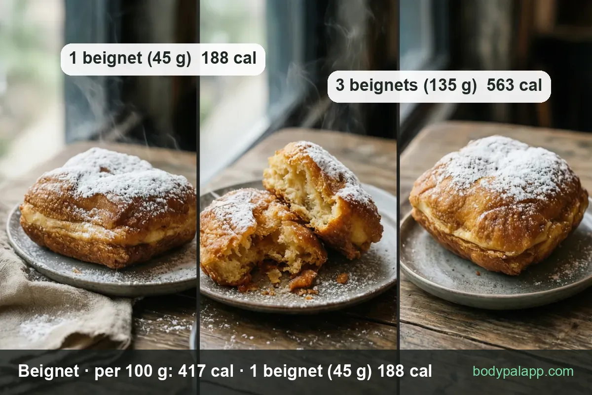 Three beignets: whole, broken open showing the crumb, and whole again, with 1 beignet (45 g) 188 cal and 3 beignets (135 g) 563 cal