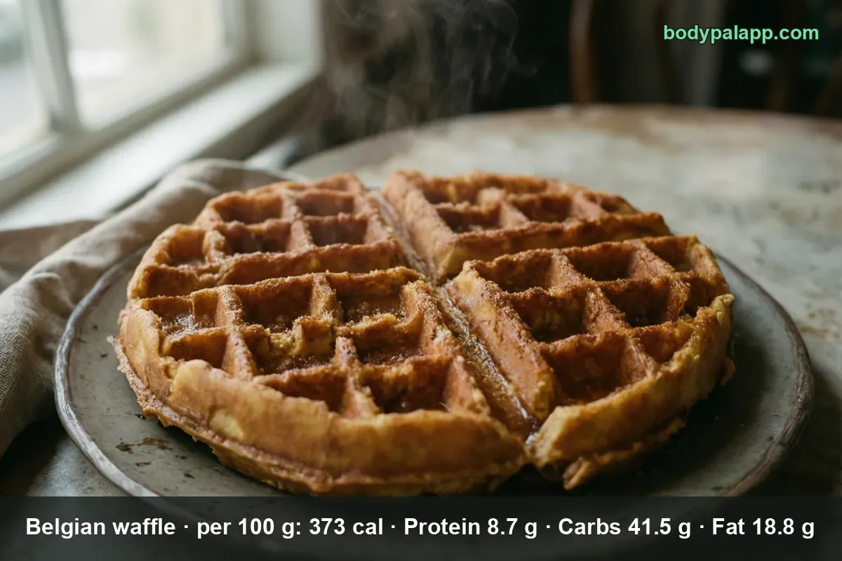 One round Belgian waffle cut into four segments on a plate.