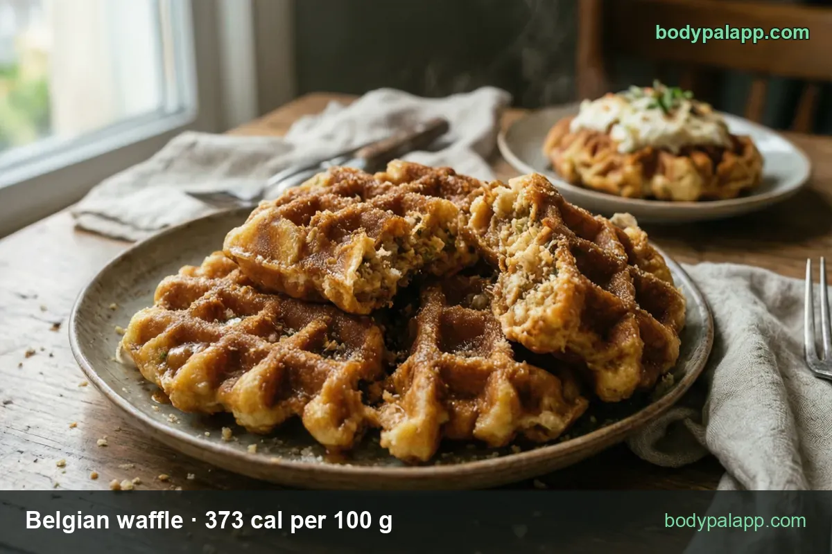 Broken pieces of a caramelized Liege waffle on a plate, a whipped-cream waffle behind, with 135 g 504 cal and 75 g 280 cal chips.