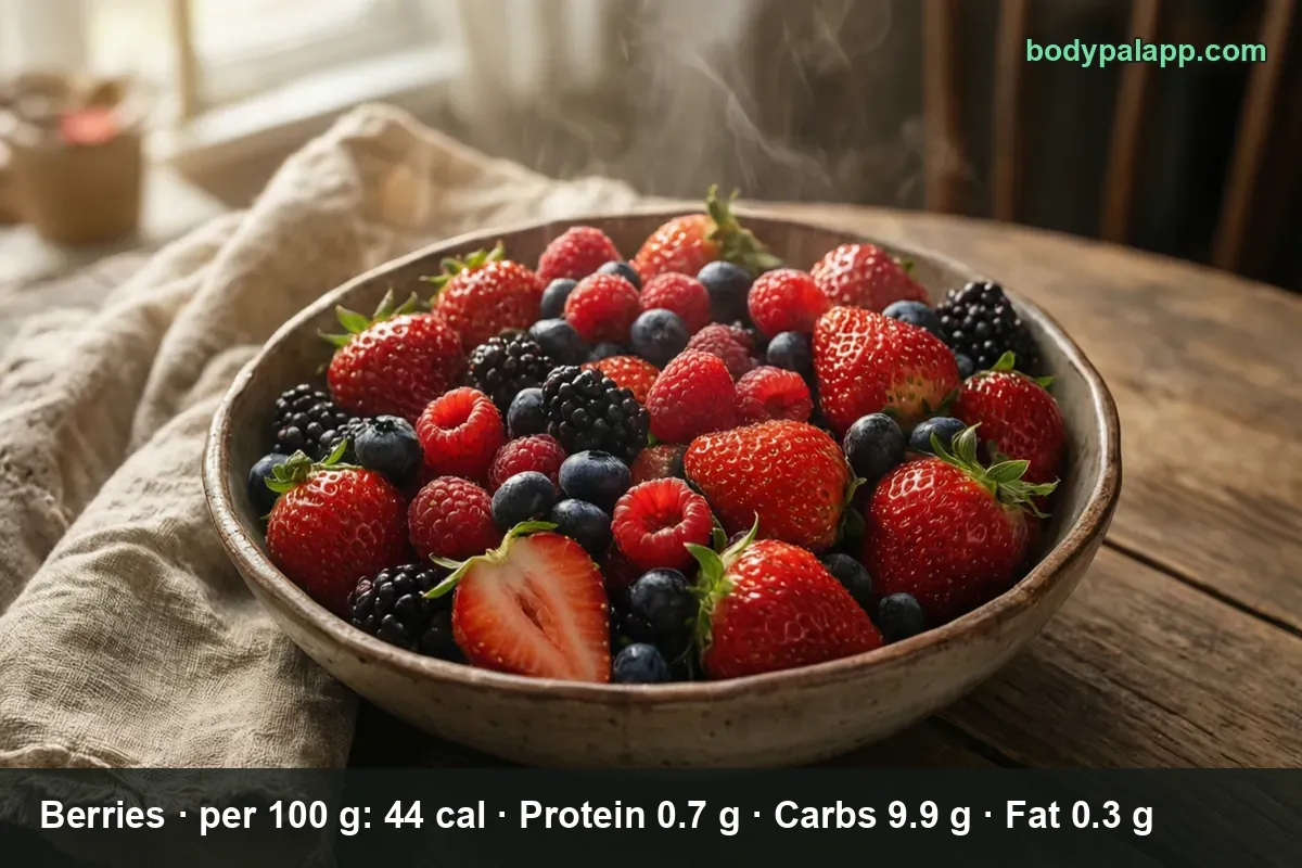 Deep bowl of mixed berries with one halved strawberry on top, steam rising