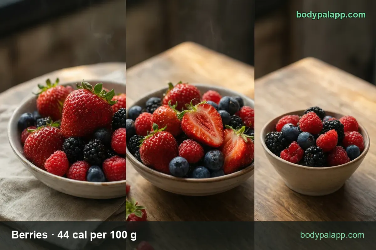 Three bowls of mixed strawberries, raspberries, blueberries and blackberries; 1 cup 150 g 66 cal and 1/2 cup 75 g 33 cal