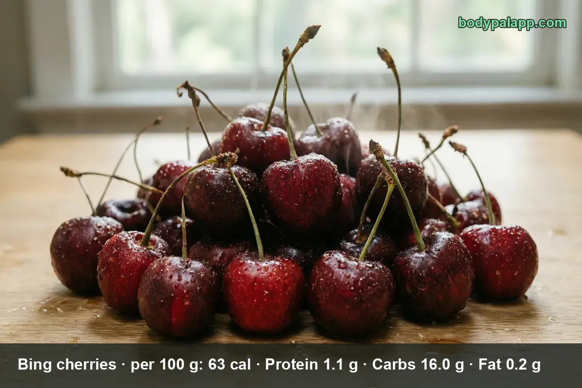 Pile of about 20 dark red Bing cherries with stems and water droplets