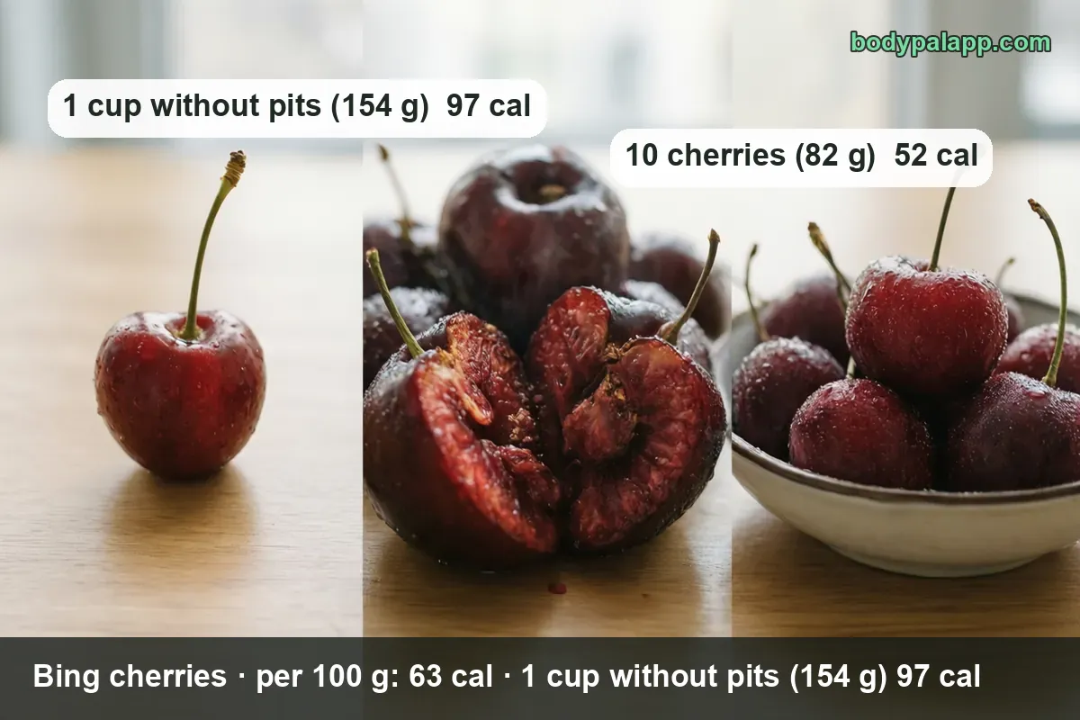 Ceramic bowl of Bing cherries and halved pitted cherries, with chips reading 1 cup (154 g) 97 cal and 10 cherries (82 g) 52 cal