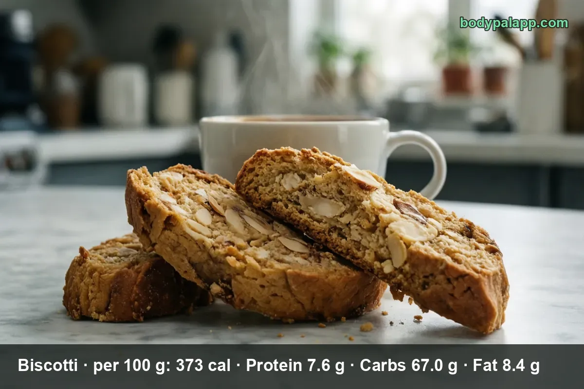 Three almond biscotti close up on a marble counter, one cut edge showing whole almonds, with a cup of coffee behind them.