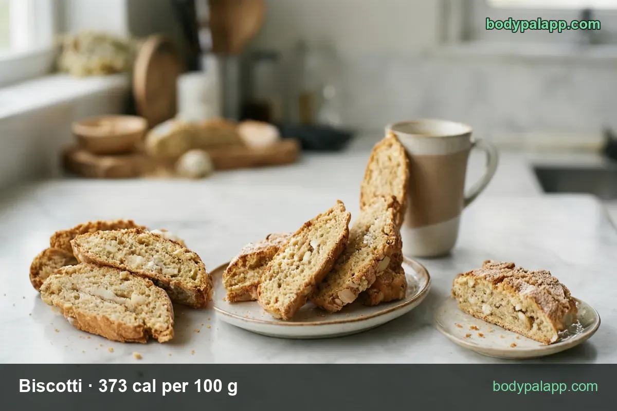 Eight almond biscotti on a counter, plate and saucer with coffee; chips show 1 cookie (32 g) 119 cal and 2 cookies (64 g) 239 cal.