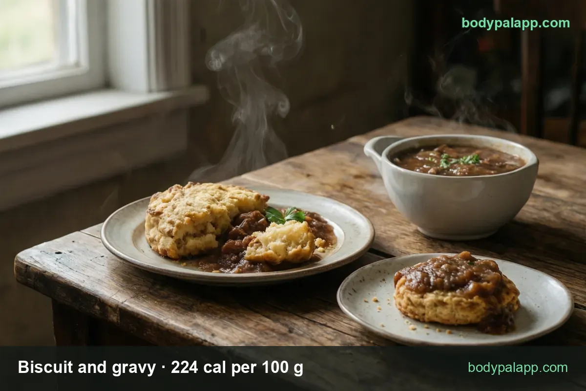 Whole and split biscuit under brown gravy with a gravy boat; 1 biscuit with gravy (220 g) 493 cal, 2 biscuits (440 g) 986 cal