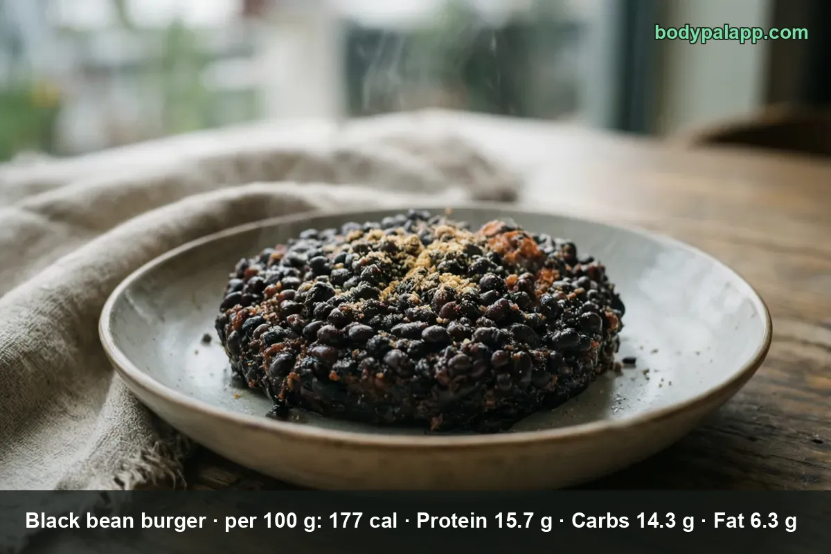 One round black bean burger patty made of whole black beans on a plate