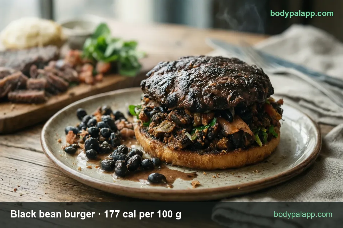 Open black bean burger on a bottom bun with greens and vegetables, loose black beans beside it; 1 patty (100 g) 177 cal, 4 oz (113 g) 200 cal