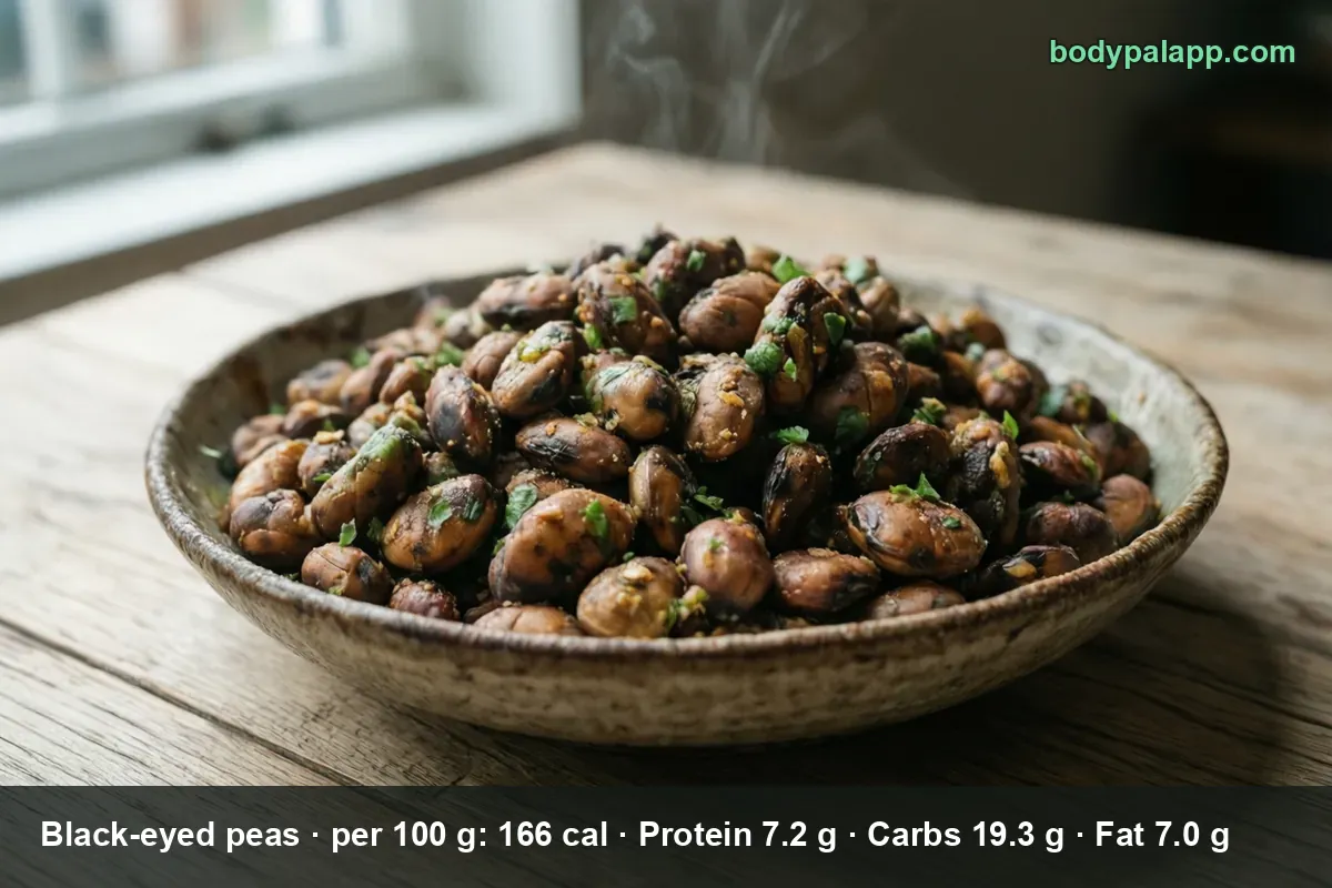 Bowl of cooked black-eyed peas with dark specks, topped with chopped parsley