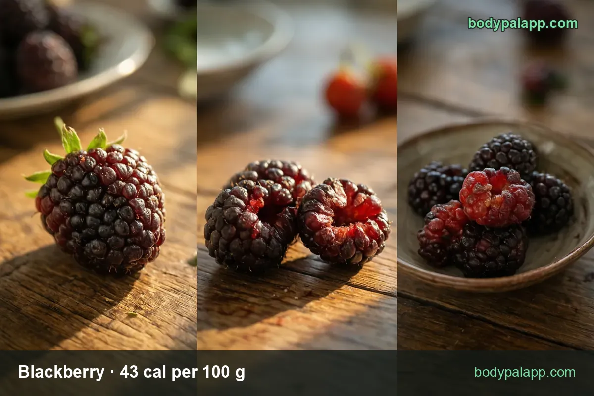 Blackberry panels: one berry by a cup, two hollow-cored berries, a bowl of five - 1 blackberry 2 cal, 1 cup 62 cal
