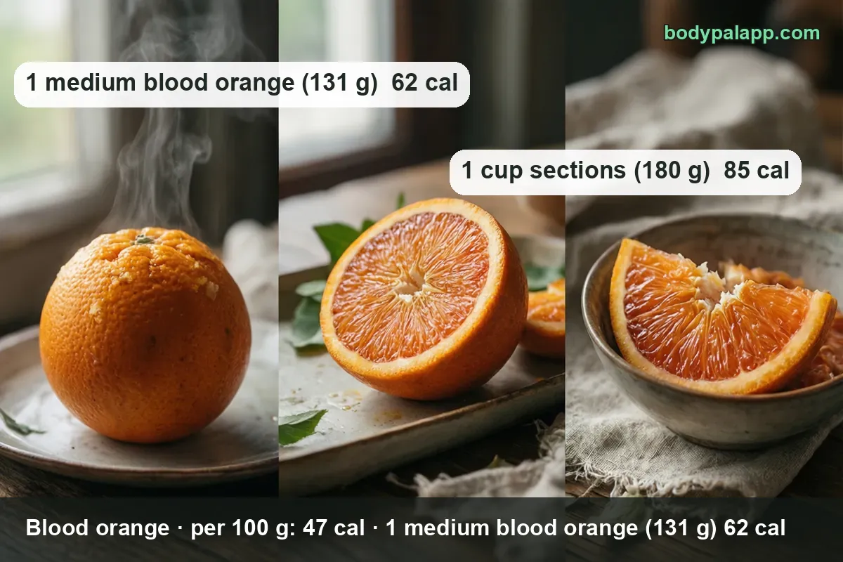 Whole blood orange, a half with reddish-orange flesh, and a bowl with one slice; chips: 1 medium (131 g) 62 cal, 1 cup (180 g) 85 cal