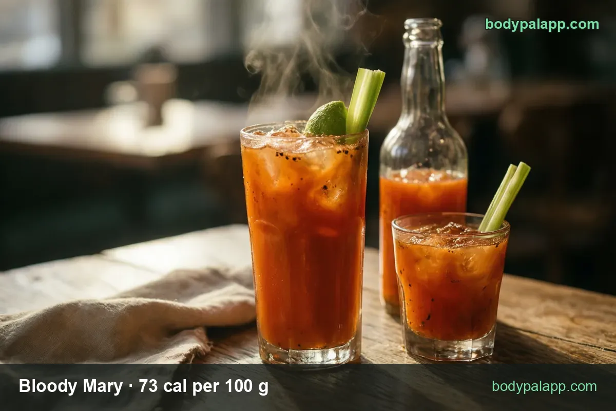 Bloody Mary with ice, lime and celery beside a bottle of tomato mix and a smaller glass; 1 drink 164 cal, 1 cup 175 cal.