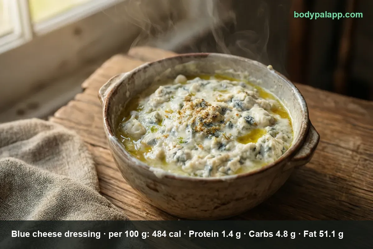 Ceramic bowl of thick chunky blue cheese dressing with cheese crumbles on top and oil pooling on the surface.