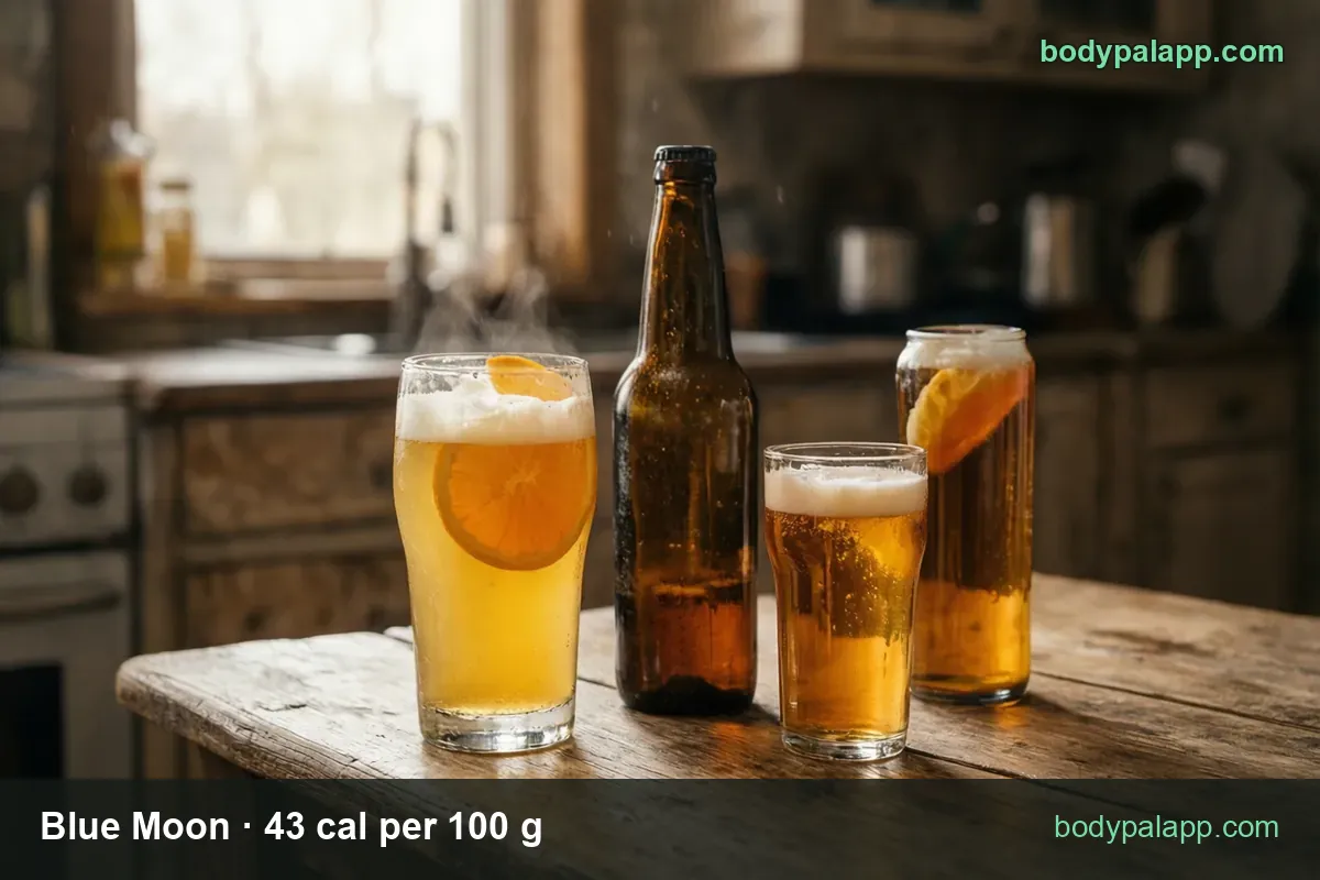 Large hazy beer glass with orange slice, unlabeled brown bottle, smaller glass and can; 1 pint 206 cal, 12 fl oz bottle 155 cal