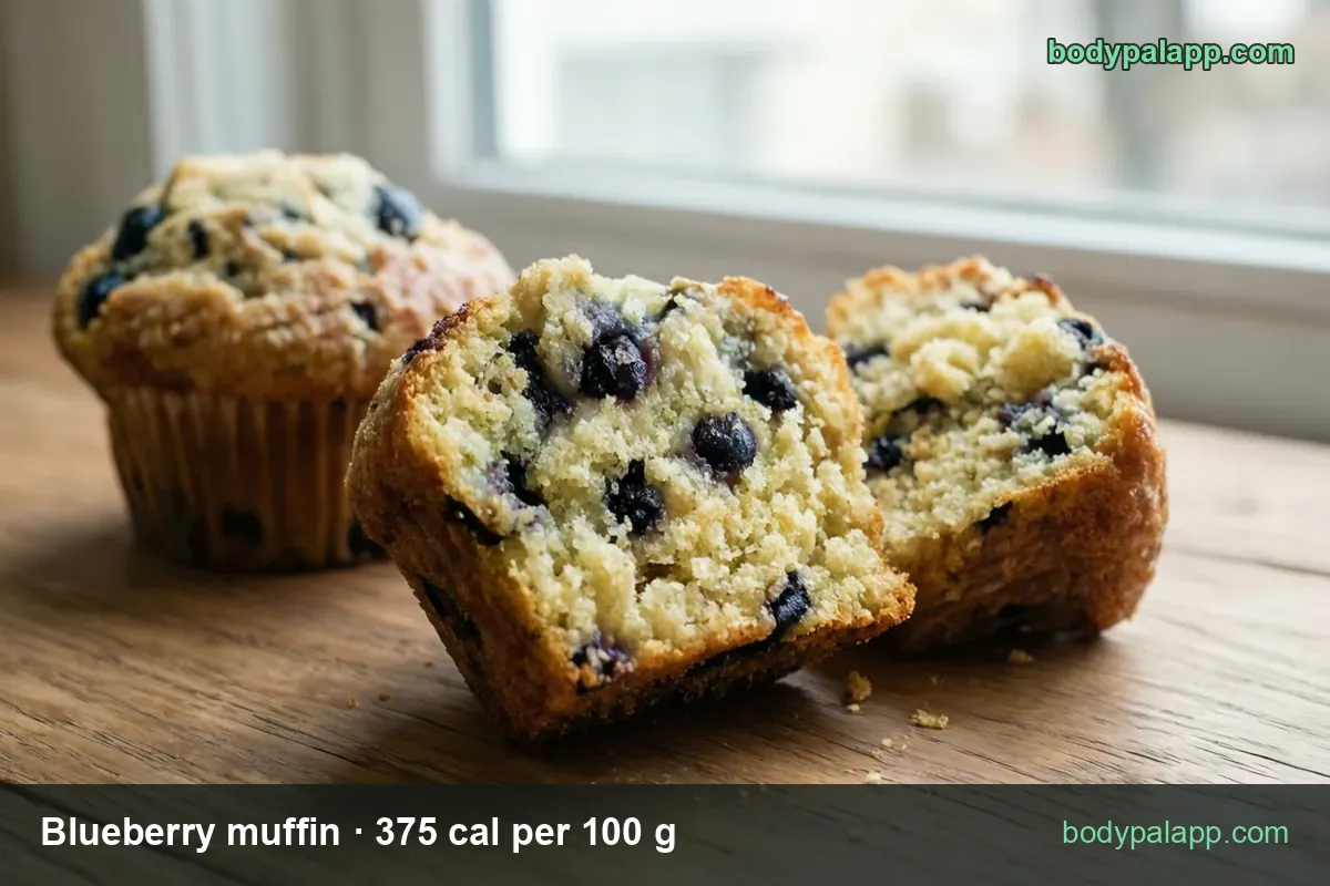 Two blueberry muffins on a wooden table, one whole in a liner and one broken in halves; 1 medium (113 g) 424 cal, 1 large (139 g) 521 cal