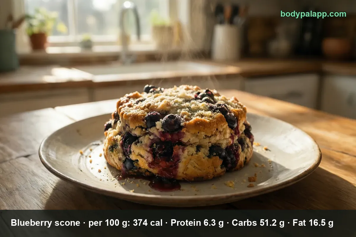 One large round blueberry scone on a plate with berry juice running out, no icing