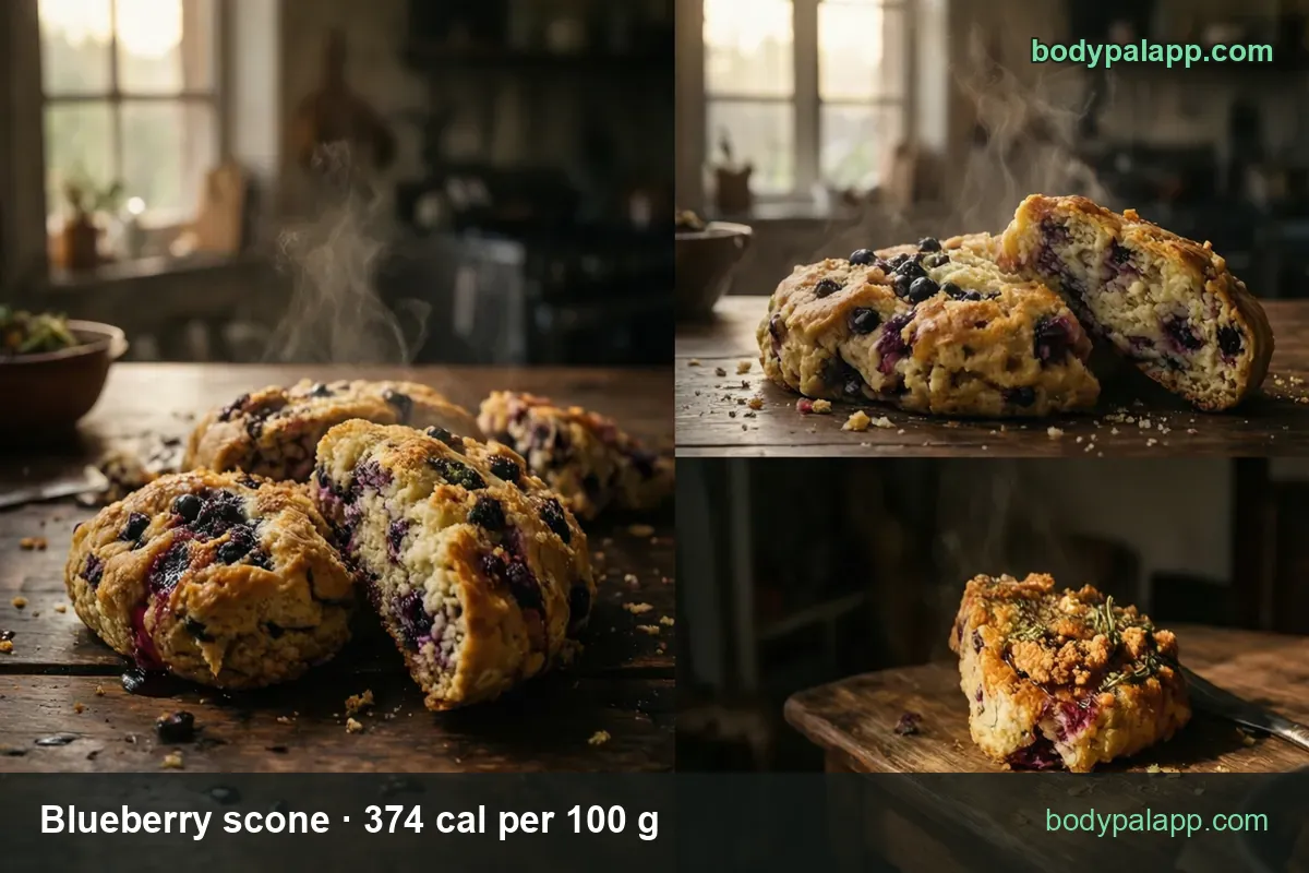 Round blueberry scones, one cut open, halves and a piece on a board; chips: 1 scone (70 g) 262 cal, half (35 g) 131 cal