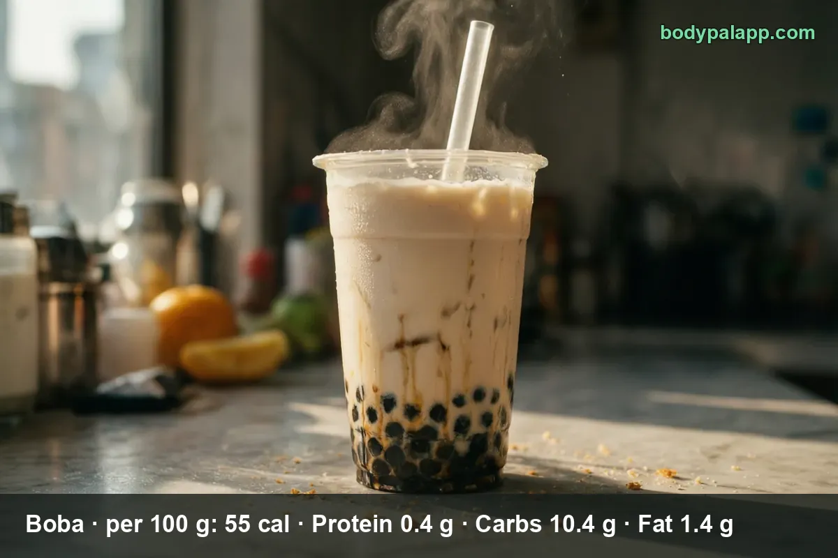 Cup of boba tea with tapioca pearls and steam rising from the drink