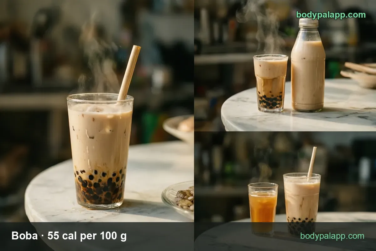 Three-panel collage of boba tea servings, one full drink 435 g at 239 calories and one cup 240 g at 132 calories