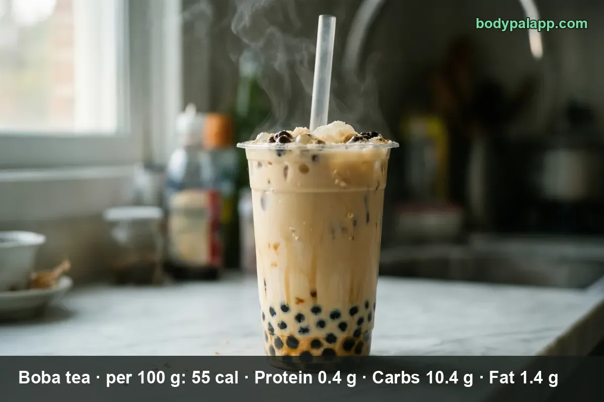 Plastic cup of boba tea with a lid and straw, filled with ice and black tapioca pearls