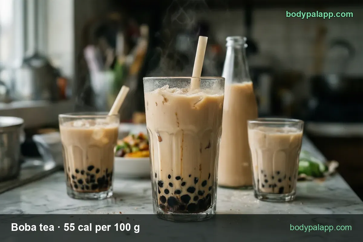 Three glasses of milk tea with tapioca pearls and a bottle behind them, labeled 1 boba tea (435 g) 239 cal and 1 cup (240 g) 132 cal
