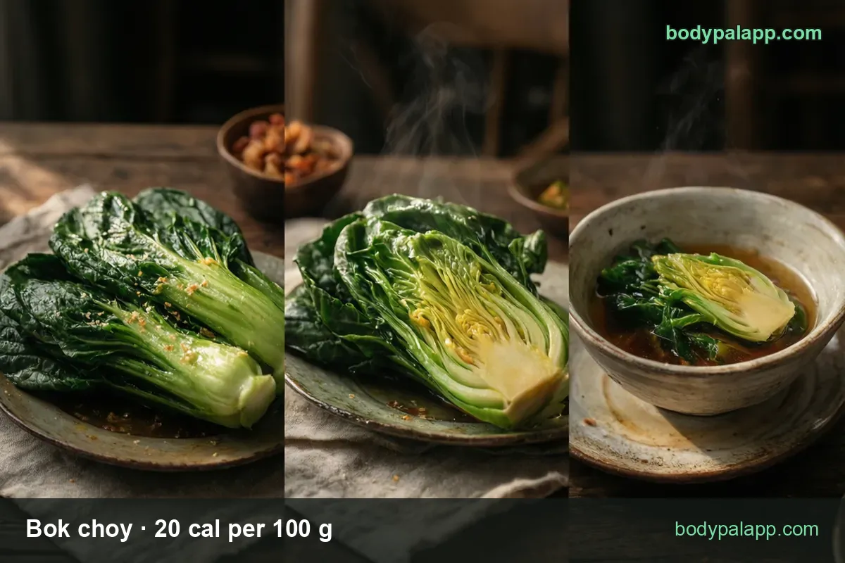 Bok choy in three panels: two whole heads, one head halved lengthwise, half a head in broth; 1 head 113 g and 1 cup 70 g.