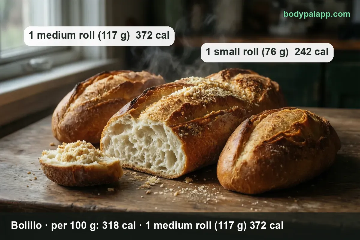 Three bolillo rolls on a wooden table with crumbs, one cut lengthwise; 1 medium roll 117 g and 1 small roll 76 g