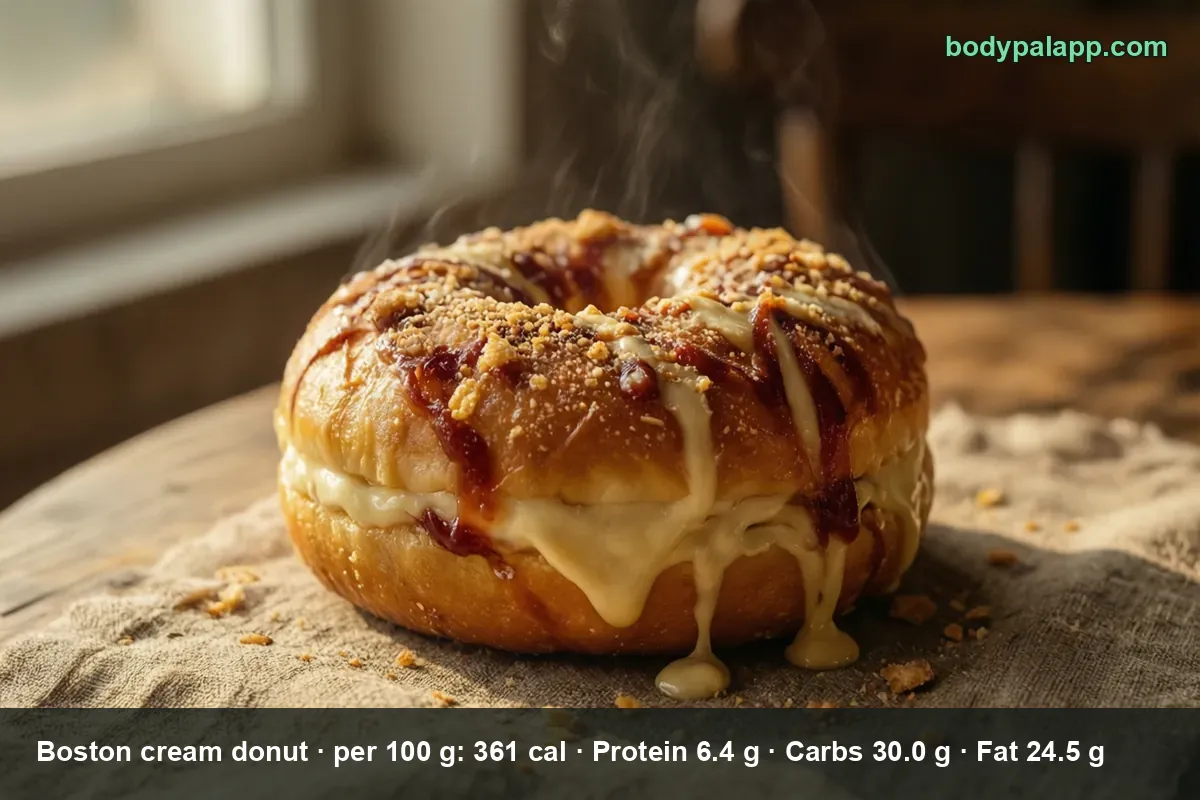 Cream-filled ring doughnut cut open, cream oozing out, reddish-brown glaze pattern and sugar crumbs, no chocolate topping.