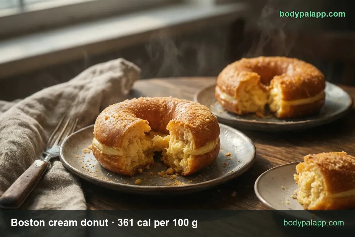 Cream-filled ring doughnuts on plates, one whole and one torn open; chips 1 doughnut (85 g) 307 cal and 1 oz (28 g) 102 cal.
