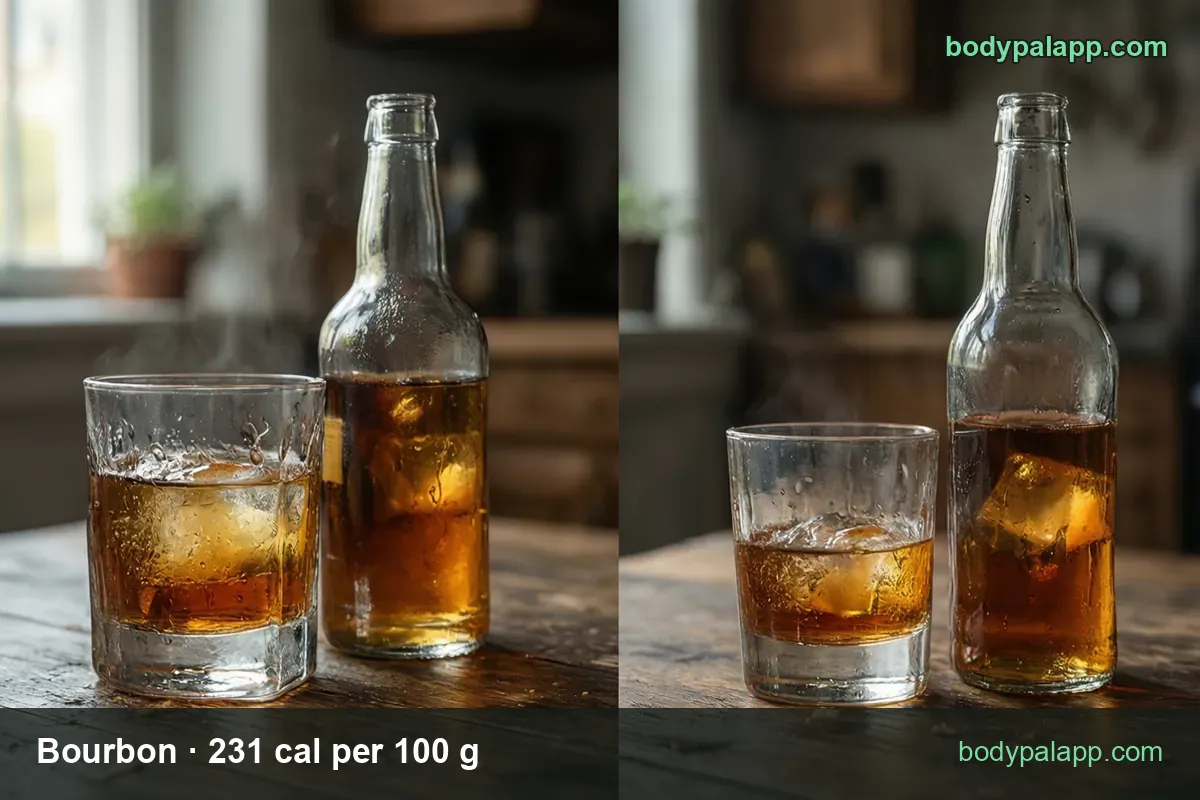 Bourbon over a large ice cube beside an unlabeled bottle, with 1.5 fl oz jigger 97 cal and 1 fl oz pour 65 cal chips