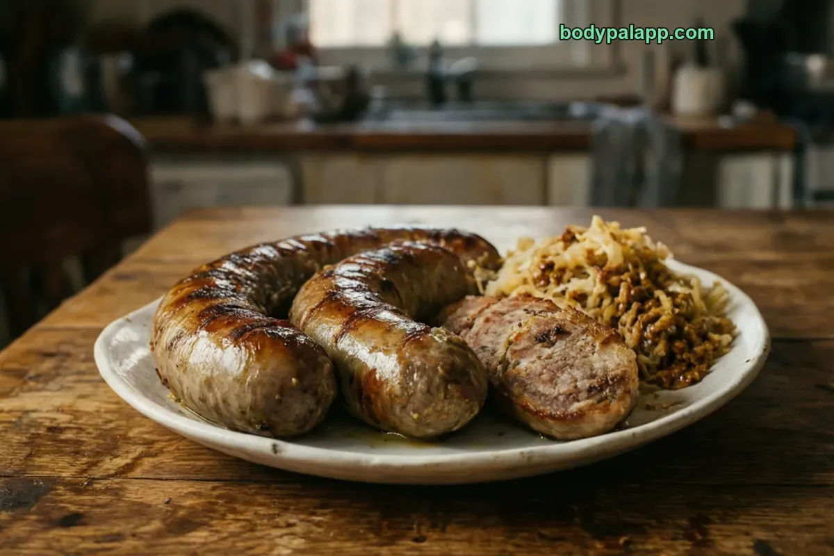 Brat, pork, cooked