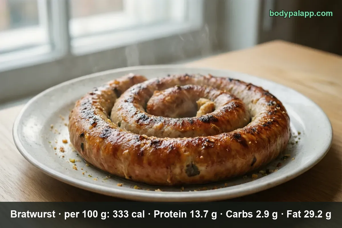 Coiled bratwurst sausage grilled in a spiral, browned and glistening