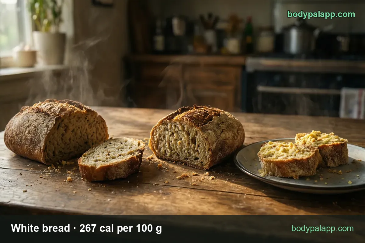 Two rustic loaves, one cut, a slice on the table and a plate with two buttered slices; chips 57 g 219 cal and 35 g 127 cal