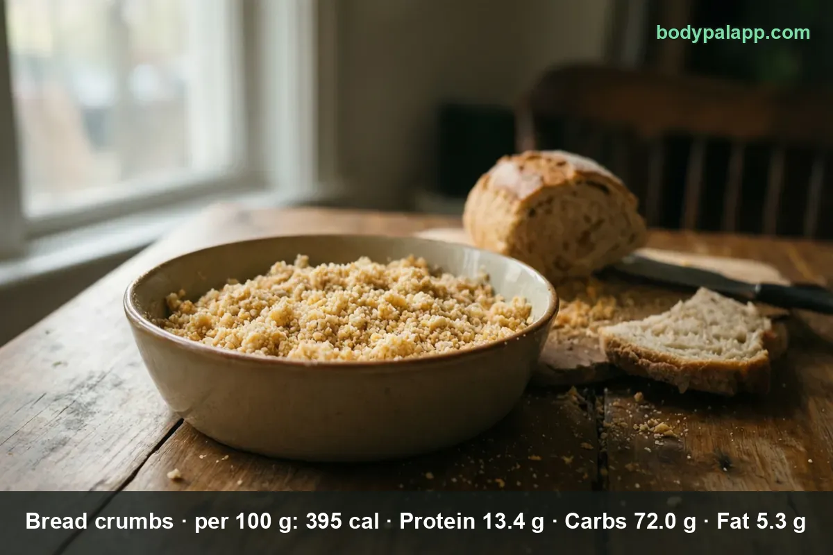Large bowl of dry plain bread crumbs with a whole loaf, a knife and one slice of bread behind it