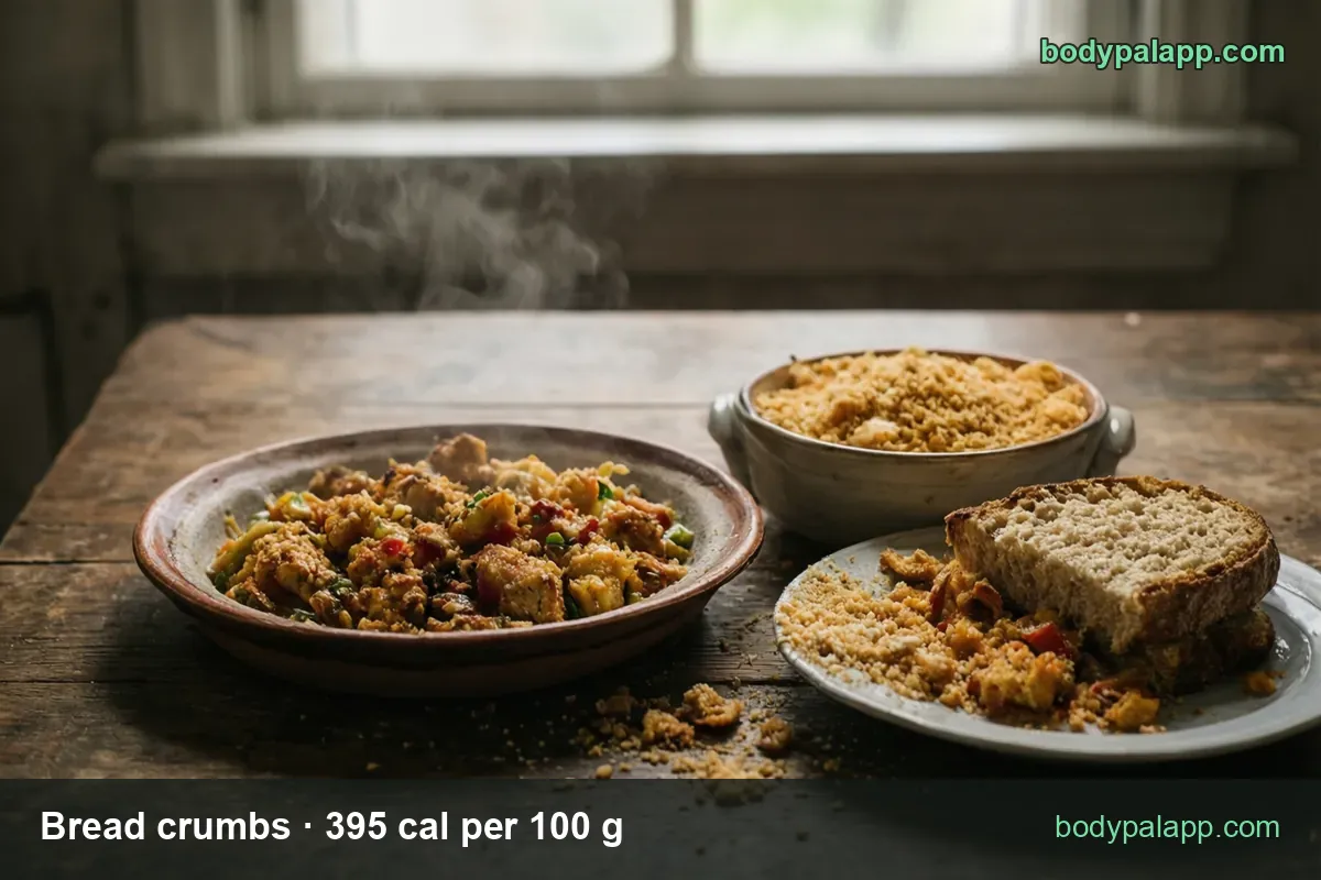 Bowl of bread crumbs, a plate of crumbs with a bread slice and breaded fried chicken; 1 cup (108 g) 427 cal, 1 oz (28.4 g) 112 cal