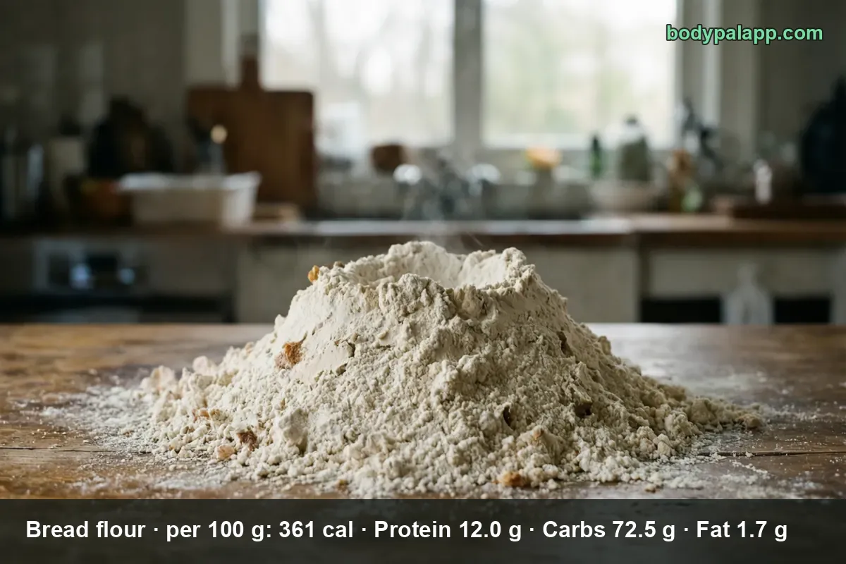 Large mound of bread flour with soft lumps on a wooden kitchen table