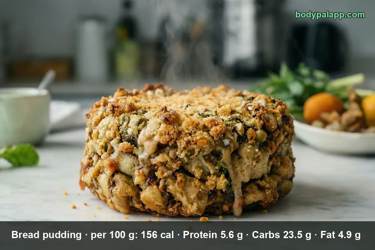 Round baked bread pudding with green herb flecks and a pale sauce drizzled over its crumbly top.