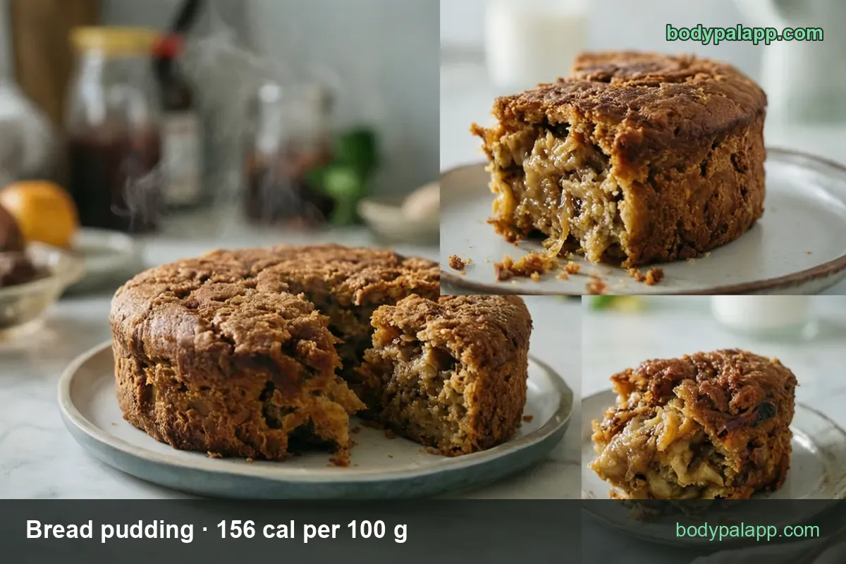 Round bread pudding with a slice cut out and a piece on a saucer; 1 piece (99 g) 154 cal, 1 cup (200 g) 312 cal.