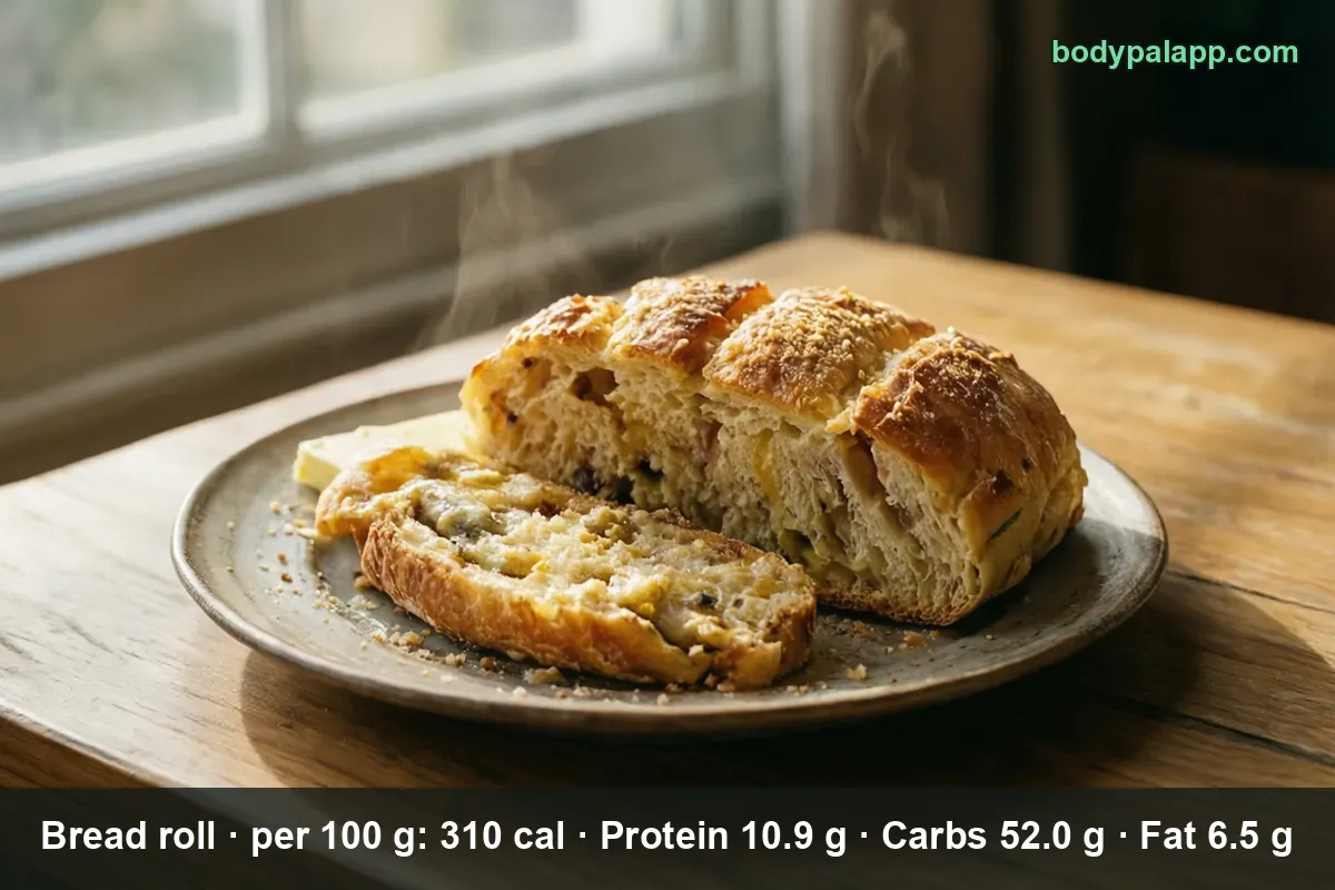 Sesame bread roll cut in half with a pale filling, a slice of seeded bread and a knob of butter behind it.