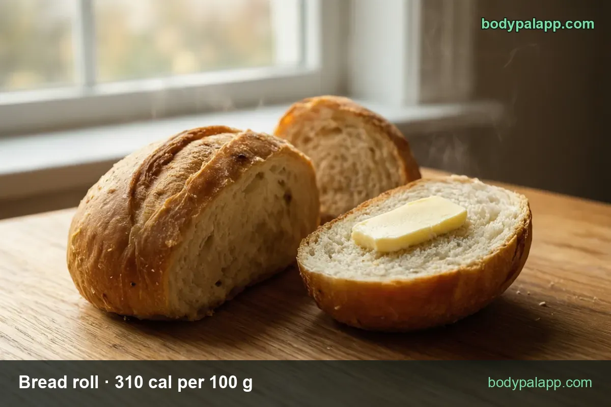 Two bread rolls on a board, one halved and one half topped with butter, labeled 1 roll (28 g) 87 cal and 1 large roll (43 g) 133 cal.