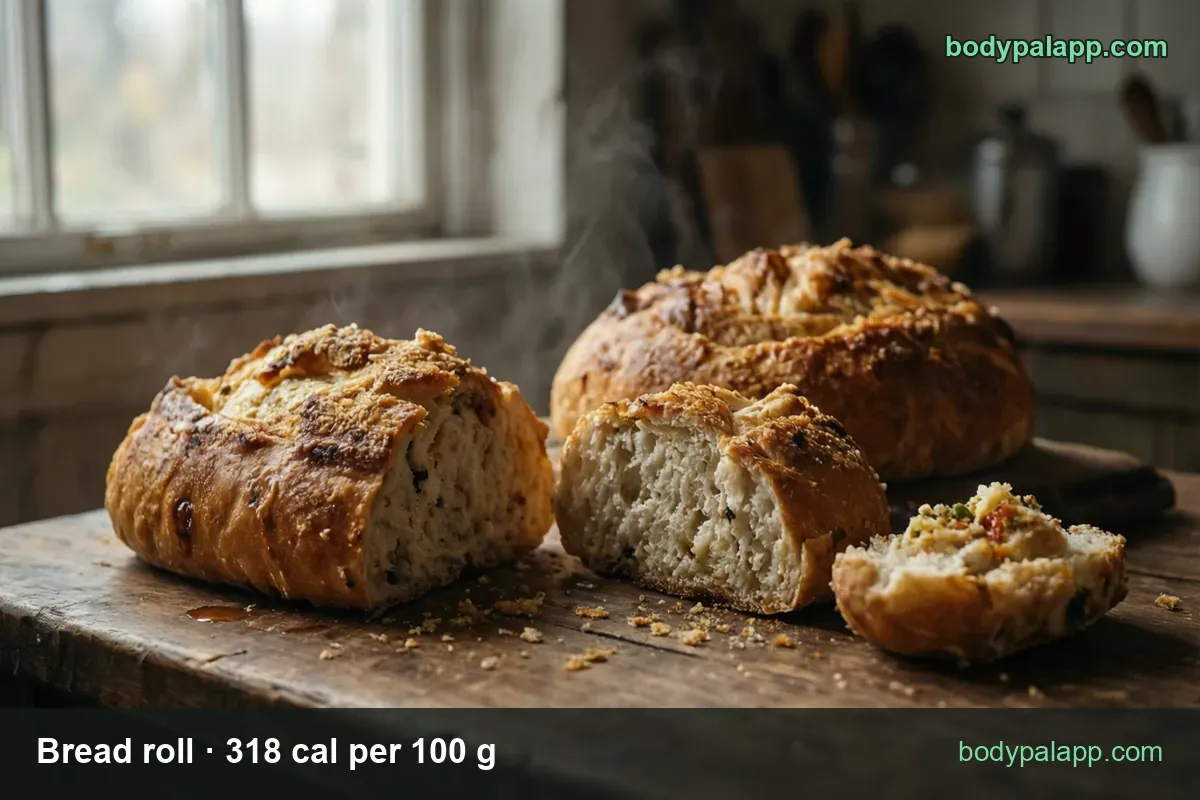 Three bread rolls with crumbs, one halved showing white crumb; 1 roll 98 g 312 cal, half roll 49 g 156 cal