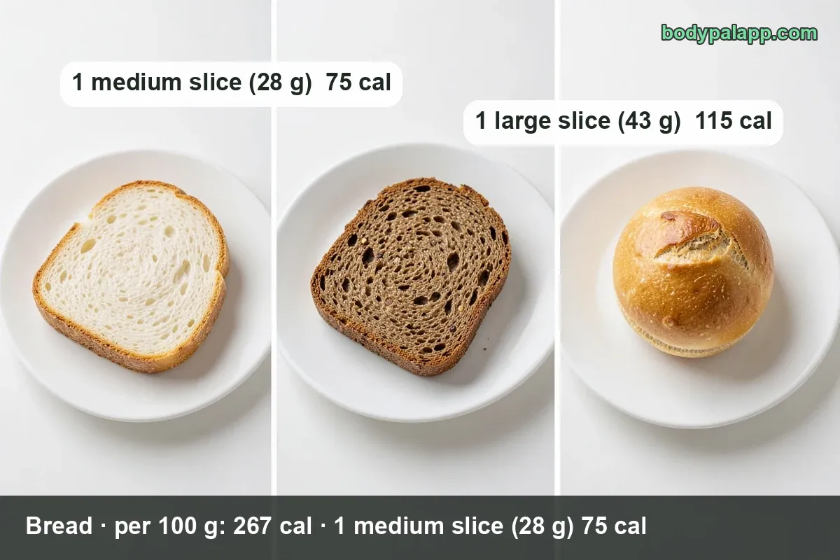 Bread on a plate with a slice spread with butter, labeled 1 medium slice (28 g) 75 cal and 1 large slice (43 g) 115 cal.