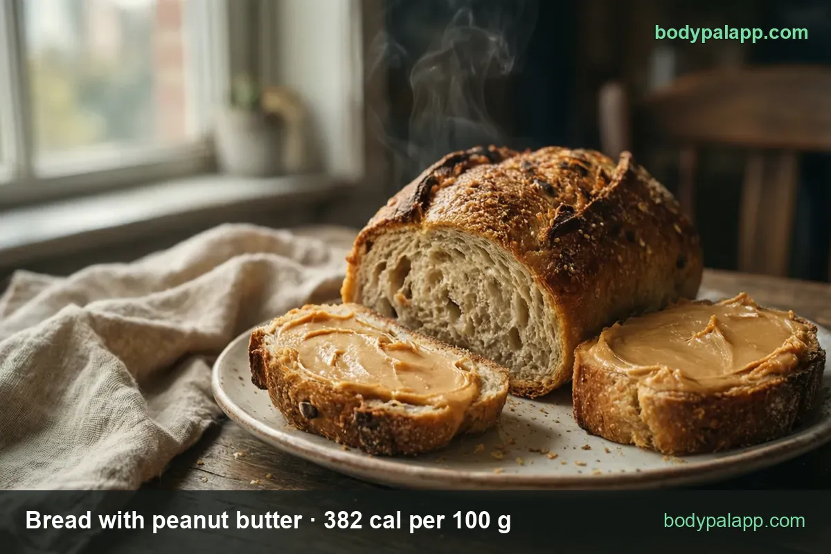 Loaf with a cut end and two slices spread with peanut butter on a white plate: 1 slice (46 g) 176 cal, 2 slices (92 g) 351 cal
