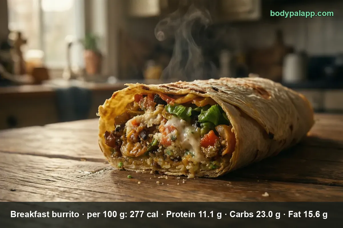 Breakfast burrito cut in half, showing scrambled egg, vegetables, sauce and lettuce, with steam rising