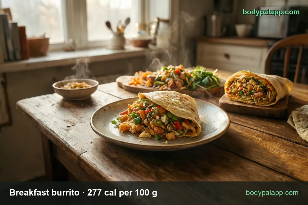 Open tortilla with scrambled egg, potato, peppers and green onion, rolled burrito behind: 1 burrito (109 g) 302 cal, 2 burritos (218 g) 604 cal