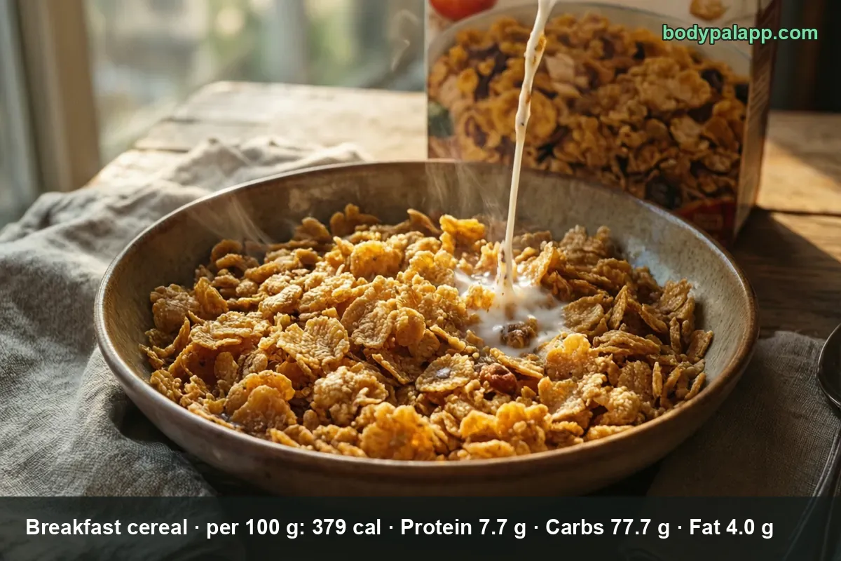 Bowl of corn flakes with milk being poured from a jug, cereal box behind