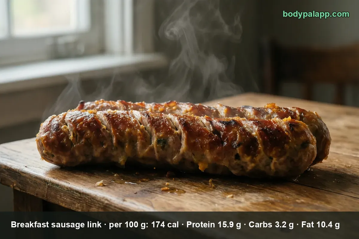 Two large browned breakfast sausage links with glossy crisp skin, steaming on a wooden table